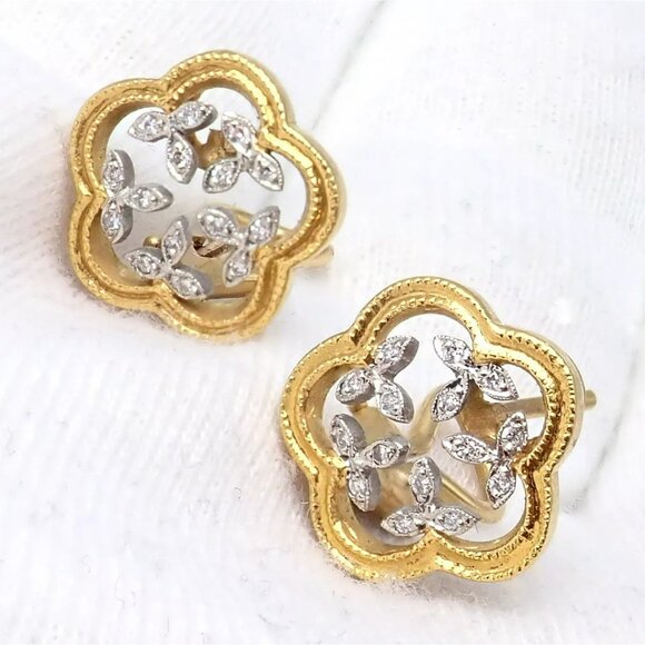 Authentic! Cathy Waterman 22k Yellow Gold Platinum Diamond Vine Flower Earrings - Picture 8 of 11